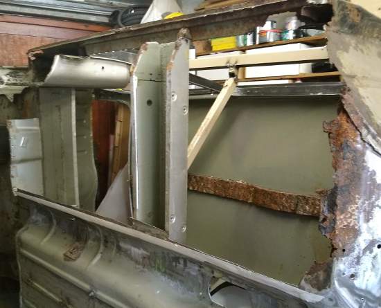 Austin Mini City - cutting a clean edge along the gearbox tunnel.