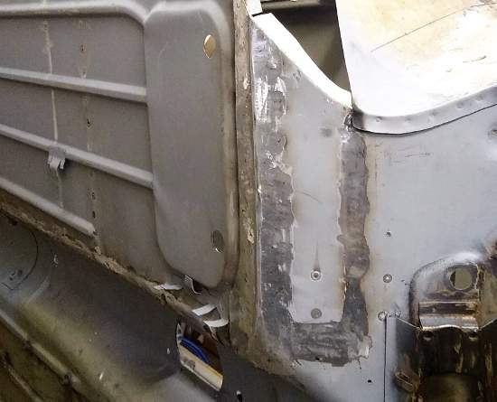 Austin Mini City - welding the repair panel to the floor and toe-board.